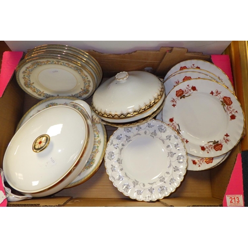 213 - A qty of various dinner ware to include Crown Derby, Spode, Aynsley