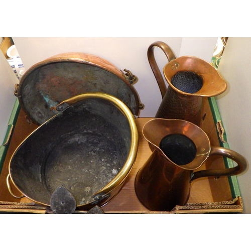 231 - A qty of misc metal wares to include copper jugs, fire bucket etc