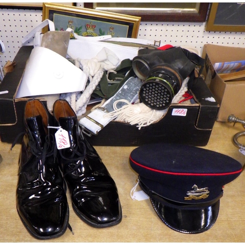 118 - Militaria incl a dress cap, patent leather george boots, a gasmask, belts and webbing.