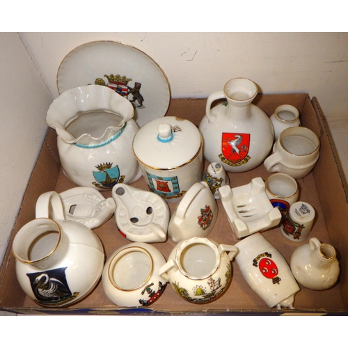 290 - Goss Crested china miniature souvenirs Maltese Fire Basket, Bagware preserve pot etc