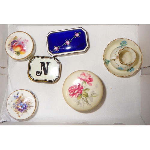 297 - A French enamel pill box, two Royal Worcester Puce stamp pill boxes, Goss jug & bowl etc