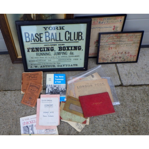 448 - A group of York ephemera together with two samplers, portrait etc