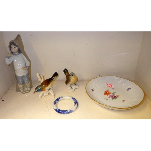 305 - A Lladro boy & snail figure, Royal Copenhagen bangle, KPM floral plate and two Carl Ens birds (5)