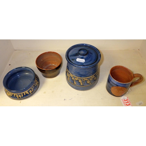 313 - A Bentham studio pottery lidded jar and cup and a Wold cup and pot (4)