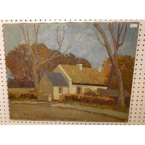 333 - An oil on canvas painting depicting a white washed thatched cottage, unsigned, 50 x 41cm; five furth... 