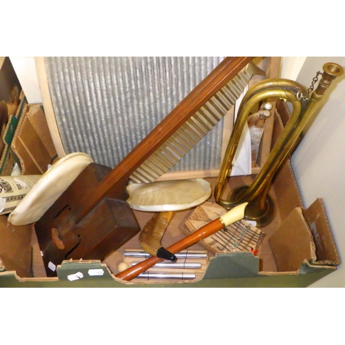 344 - Various musical instruments incl a wash board and a Hohner recorder, one string fiddlephone, Mayers ... 