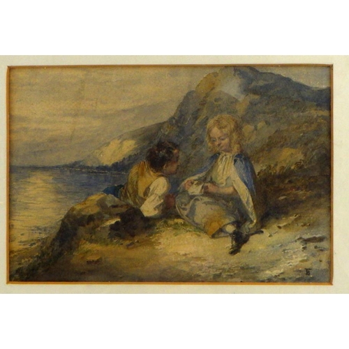 91 - Children on a cliff top, Victorian watercolour bearing 