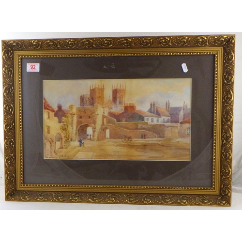 92 - York Minster from beyond Bootham Bar, watercolour signed F Ramus 1907.  42 x 23cm in a later mount a... 