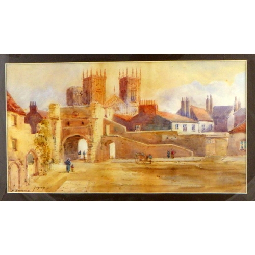 92 - York Minster from beyond Bootham Bar, watercolour signed F Ramus 1907.  42 x 23cm in a later mount a... 