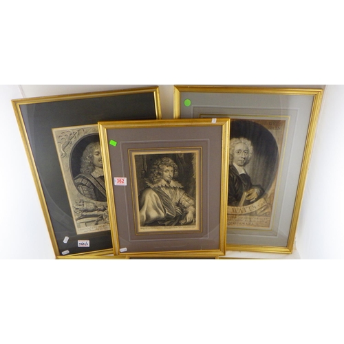 362 - Six framed portrait prints depicting 17th and 18th century notables.