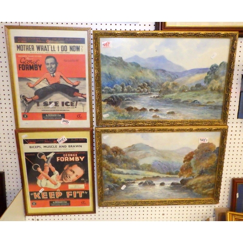 367 - Three framed George Formby interest prints; a pair of watercolour landscapes; a Dixie jazz print, hi... 