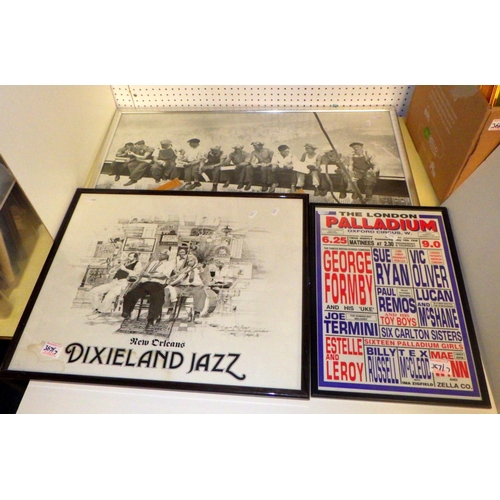 367 - Three framed George Formby interest prints; a pair of watercolour landscapes; a Dixie jazz print, hi... 