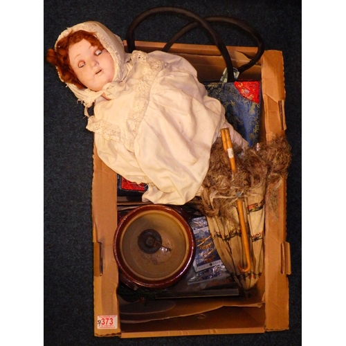 373 - A doll, a parasol, miscellaneous goods incl tins and wooden ware; pictures and ephemera; glassware e... 