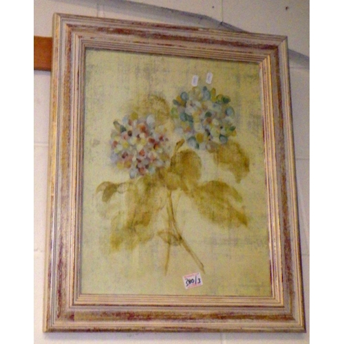 380 - A bevelled framed mirror together with a further mirror and a floral print (3)