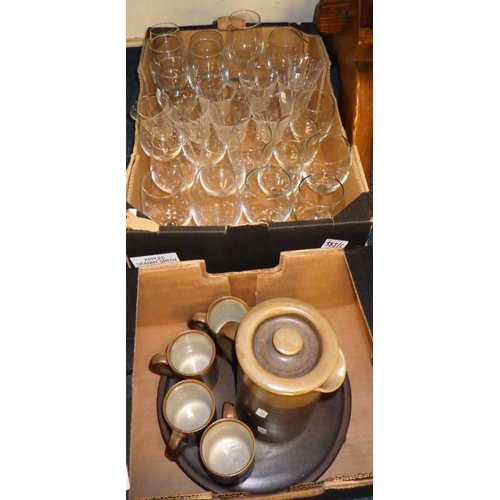 385 - Six boxes of various glasses together with misc pans, plates, studio pottery etc (6)