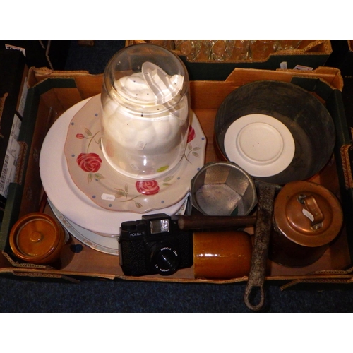 385 - Six boxes of various glasses together with misc pans, plates, studio pottery etc (6)