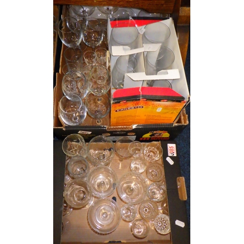 385 - Six boxes of various glasses together with misc pans, plates, studio pottery etc (6)