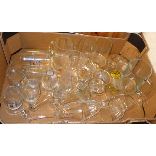 388 - Six boxes of misc glass to include German beer glasses, misc ceramics and glass ware together with a... 