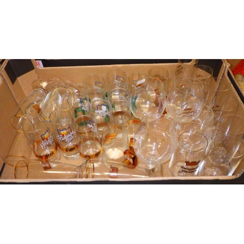 388 - Six boxes of misc glass to include German beer glasses, misc ceramics and glass ware together with a... 