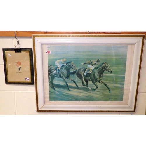 393 - A large framed horse racing print together with a caricature of M Beary signed B Villiers