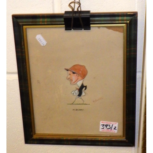 393 - A large framed horse racing print together with a caricature of M Beary signed B Villiers