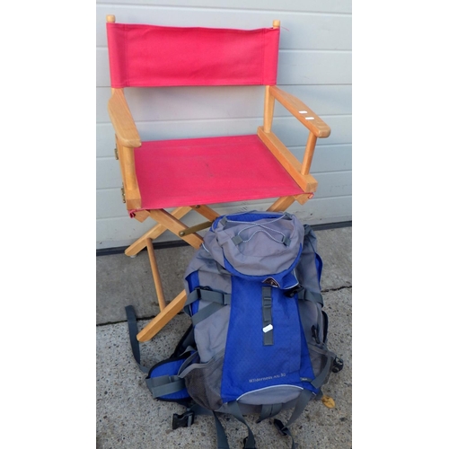 610 - A wooden tennis racquet, folding chair, etc