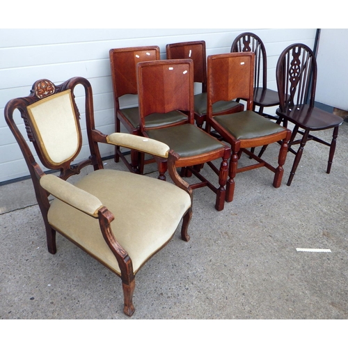 632 - An Edwardian inlaid salon armchair, set of  four 1930's dining chairs and a pair of wheelback kitche... 