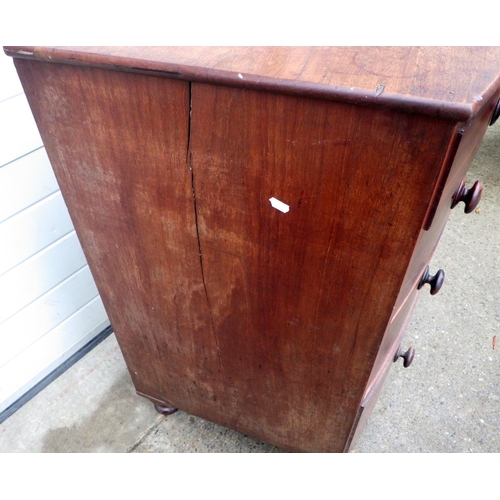 676 - A Victorian mahogany bowfronted chest of drawers, sides split, feet a/f, 102cm wide