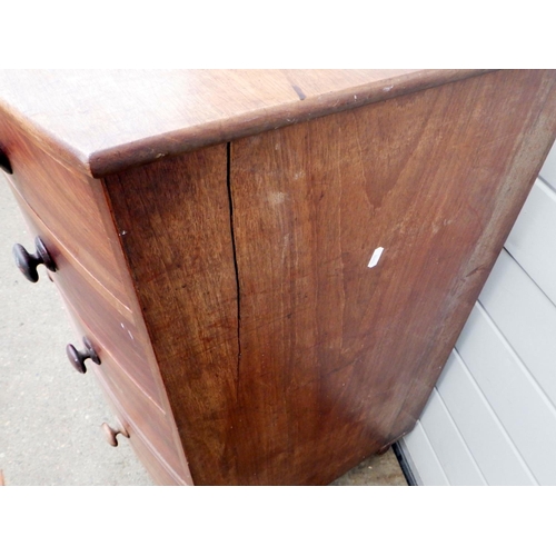 676 - A Victorian mahogany bowfronted chest of drawers, sides split, feet a/f, 102cm wide