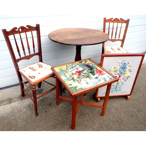 683 - An oak tripod table, pair of late Victorian bedroom chairs, needlework firescreen and occasional tab... 