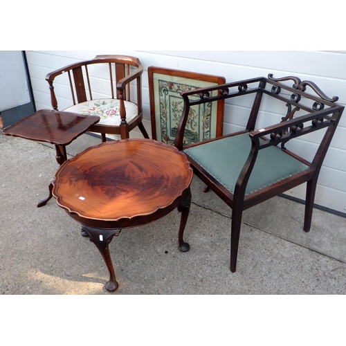 709 - Two Edwardian salon armchairs, coffee table, tripod table and a firescreen (5)