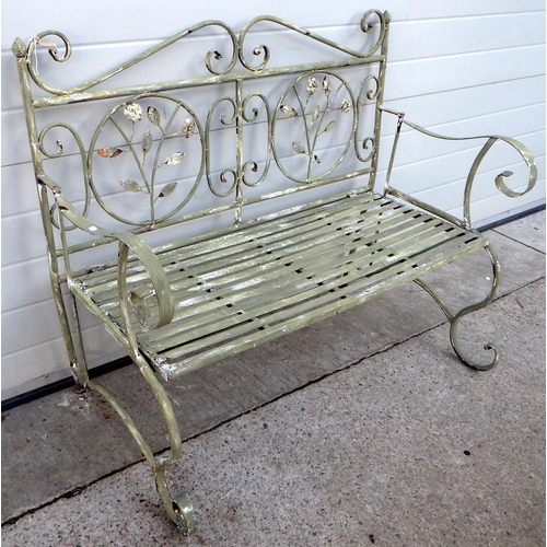 710 - A painted metal two seat garden bench, a/f