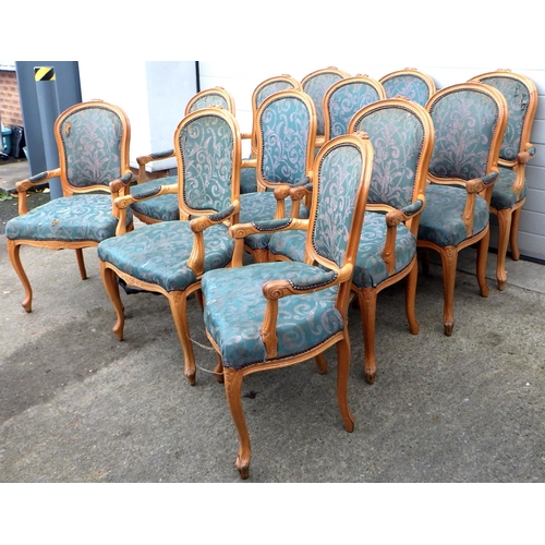 734 - A set of twelve Louis XV style open armchair frames, upholstery a/f, sold as frames only