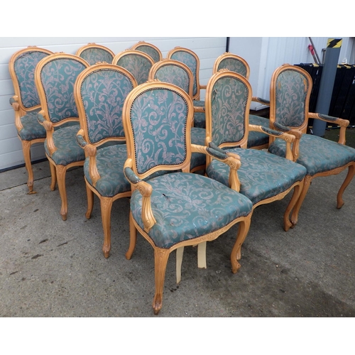 735 - A set of twelve Louis XV style open armchair frames, upholstery a/f, sold as frames only