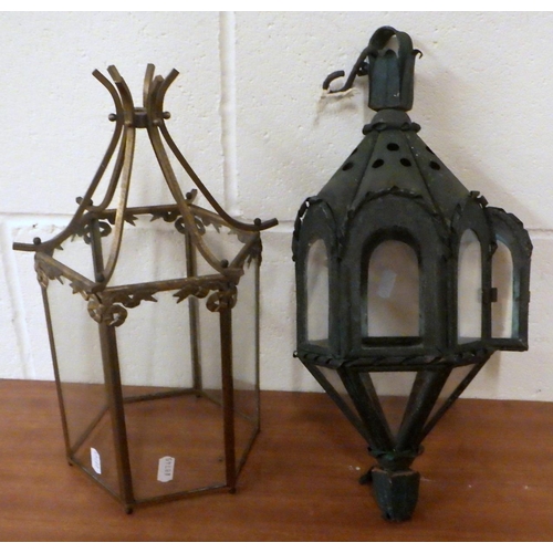 796 - A cast hall lantern together with a further hanging light (2