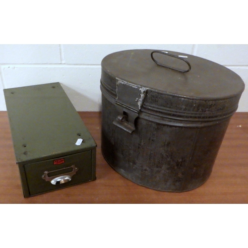 799 - A tin hat box and a green metal filing drawer (2)