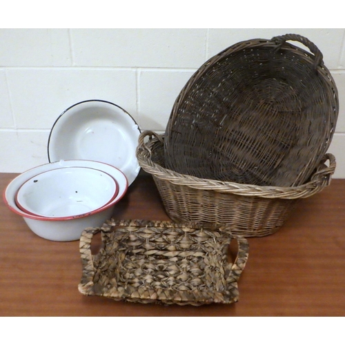 805 - Three baskets together with three enamel bowls (6)