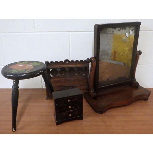 806 - A 19thC toilet mirror together with a pipe stand, stool and small oriental chest (4)