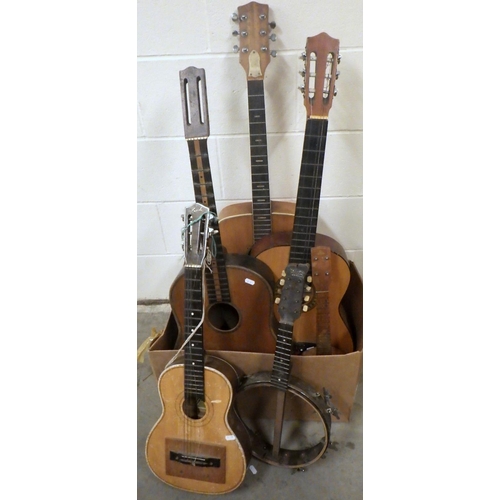 818 - Three guitars, banjo etc (6) AF