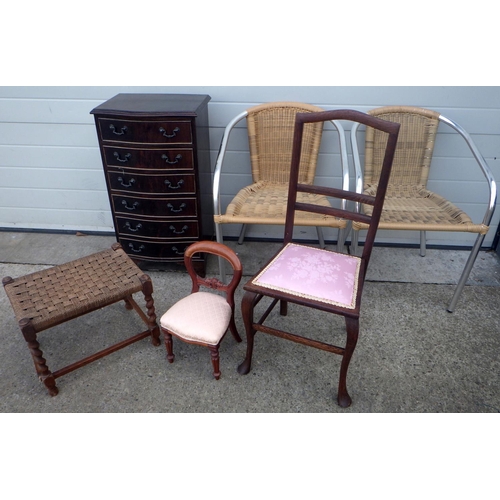 823 - A small chest of drawers together with a stool, dolls balloon back chair, bedroom chair and two furt... 