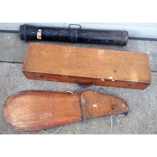 831 - A metal map case, draughtsman's case & a small boat rudder (3)