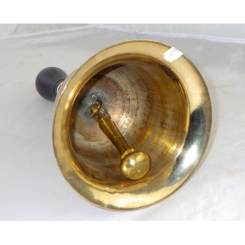 170 - A brass handbell having a turned hardwood handle  30cm tall