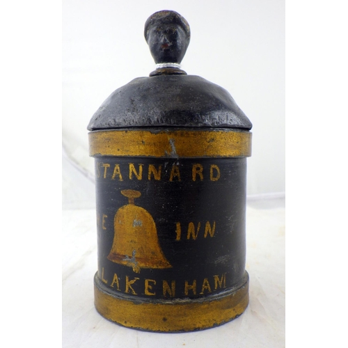 171 - A lead ? tavern snuff / tobacco pot, THE INN GT. BLAKENHAM 23cm tall