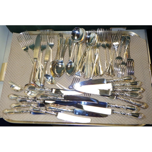 174 - silver plated cutlery to include
8 dinner knives, dinner forks, desert knives, desert spoons, soup s... 