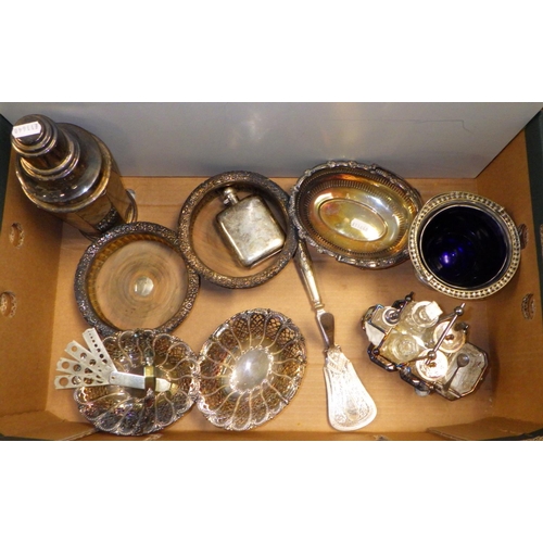 175 - A Silver plated cocktail shaker, pr coasters, 3 bon bon dishes, hip flask, cruit set, cake slice & a... 