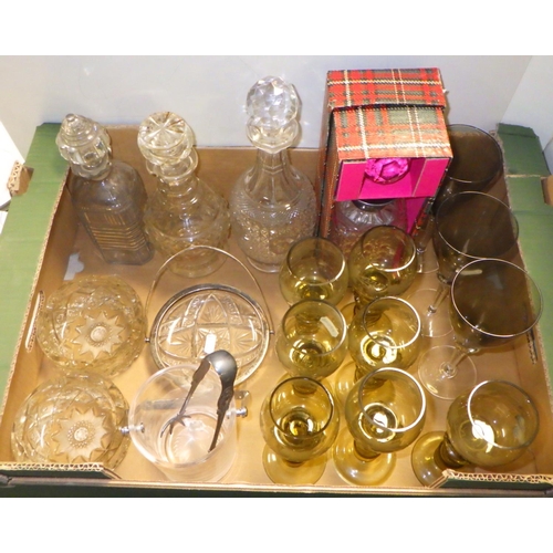 176 - A silver collared decanter, ice bucket, 3 decanters, bon bon dish, 2 ashtrays, & 10 wine glasses