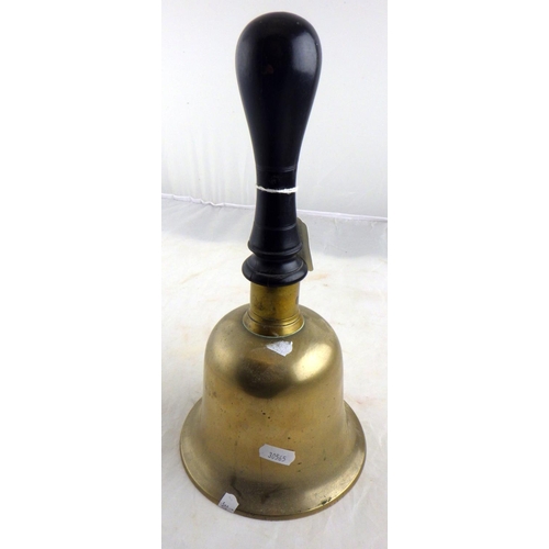 170 - A brass handbell having a turned hardwood handle  30cm tall