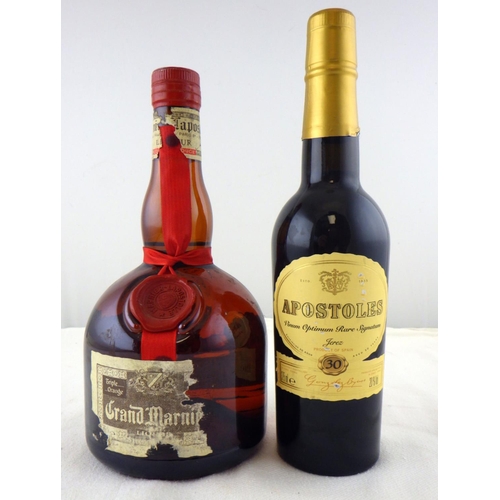 9 - Apostoles - Jerez - 30, a single 0.375lt bottle; Grand Marnier, a single 0.5lt bottle.  (2)