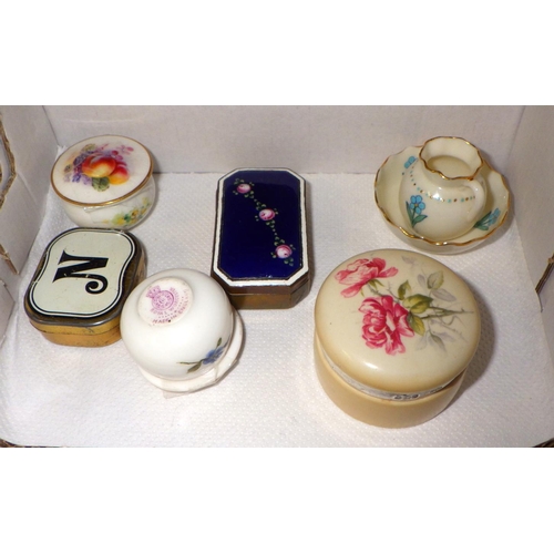 286 - A French enamel pill box, two Royal Worcester Puce stamp pill boxes, Goss jug & bowl etc