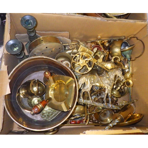 323 - Two boxes of misc brass and copper ware together with a qty of silver plate and pewter (3)